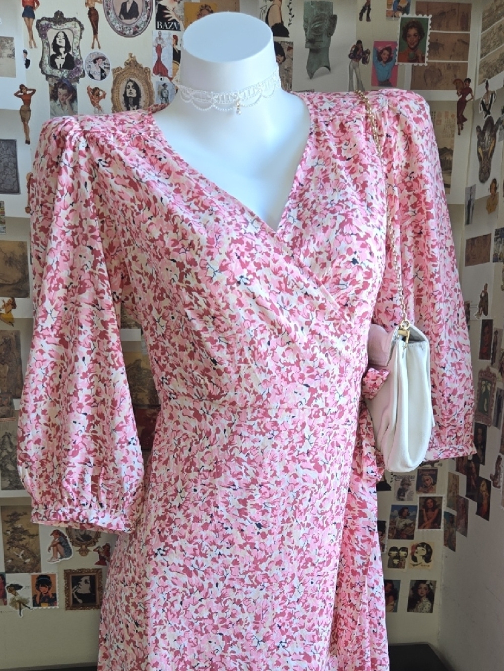 Romantic Flowing Wrap Midi Dress Pink Cream Cherry Blossom Puff Sleeve